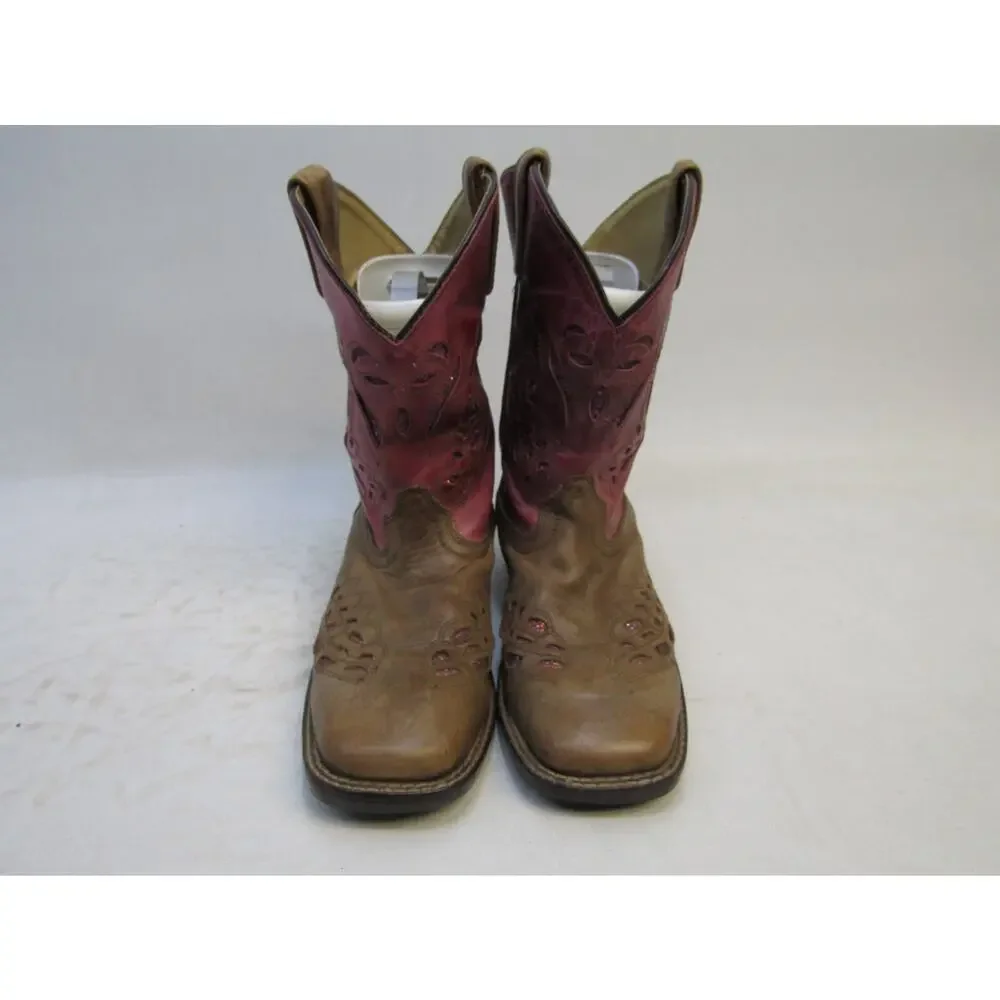 Shyanne Youth Size 3 D Brown Pink Glitter Inlay Leather Cowboy Western Boots